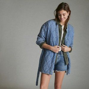 NEW Anthropologie Rhea Quilted Oversized Denim Blue Kimono Jacket Size Medium